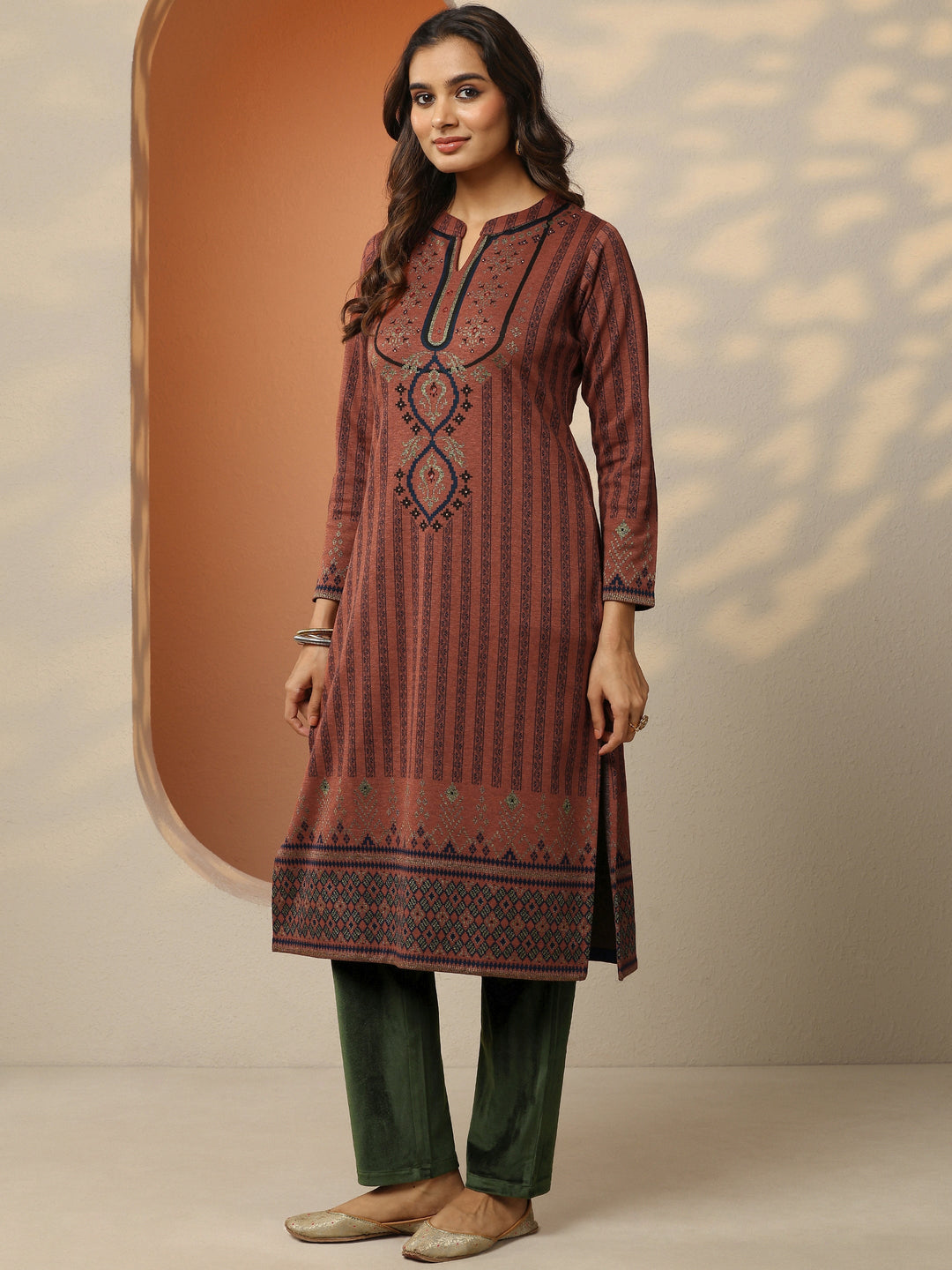 Rust Woven Design Wool Straight Kurta