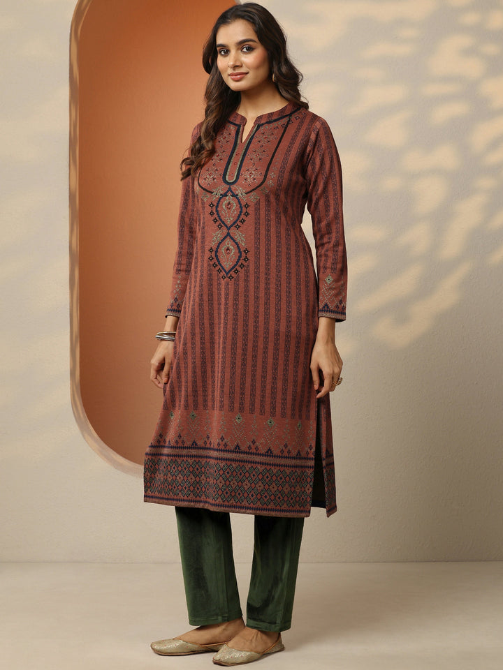 Rust Woven Design Wool Straight Kurta