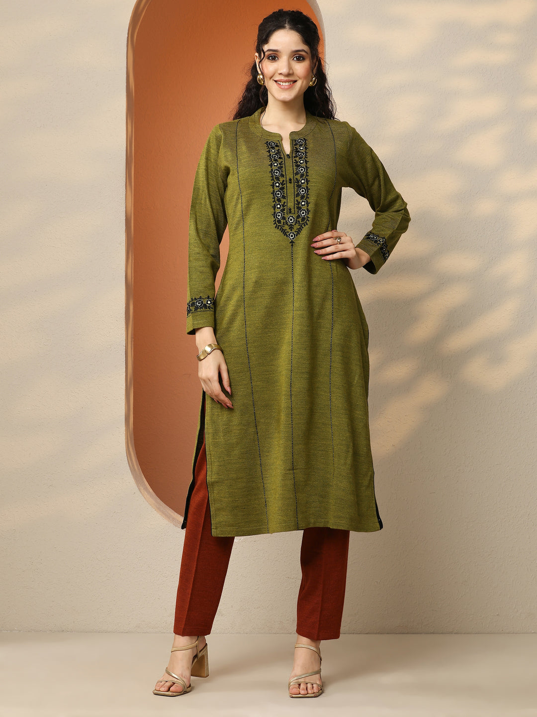 Olive Embroidered Wool Straight Kurta