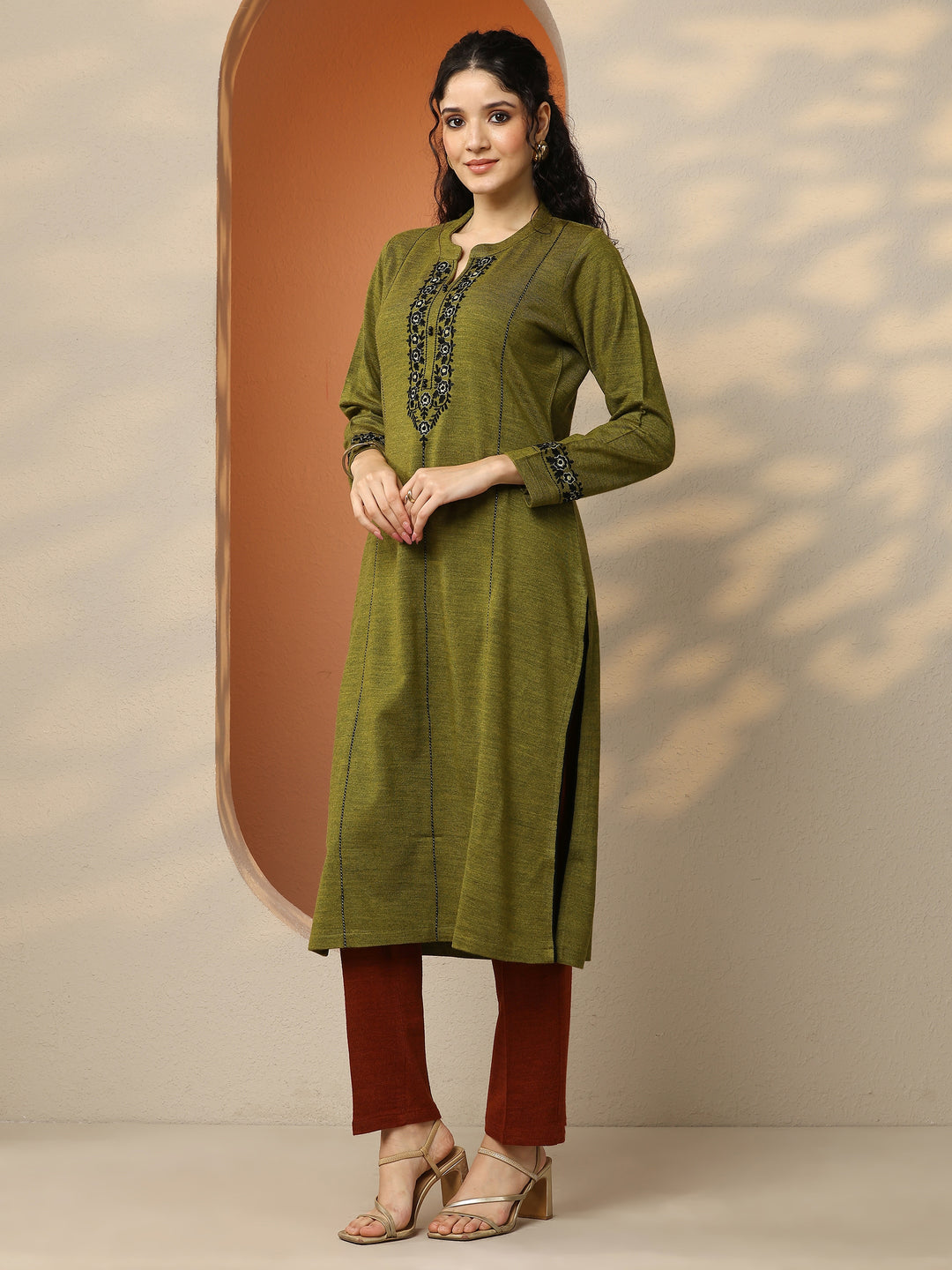 Olive Embroidered Wool Straight Kurta