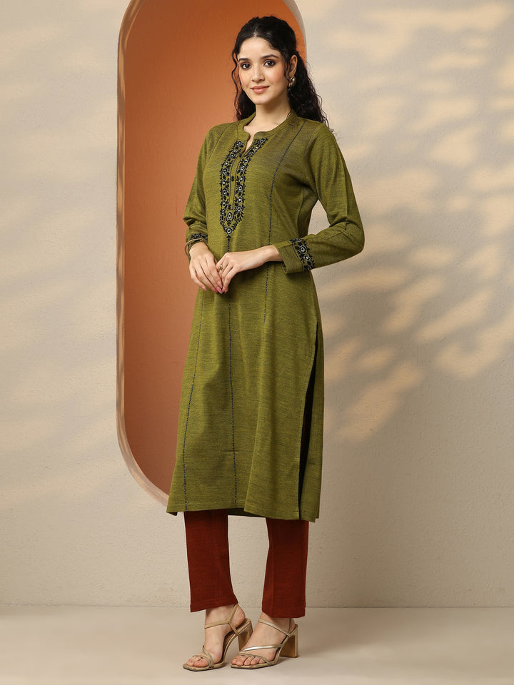 Olive Embroidered Wool Straight Kurta