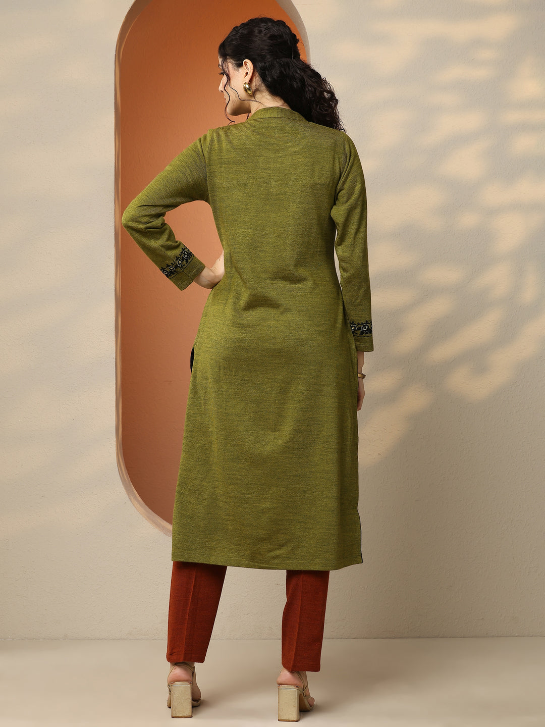 Olive Embroidered Wool Straight Kurta