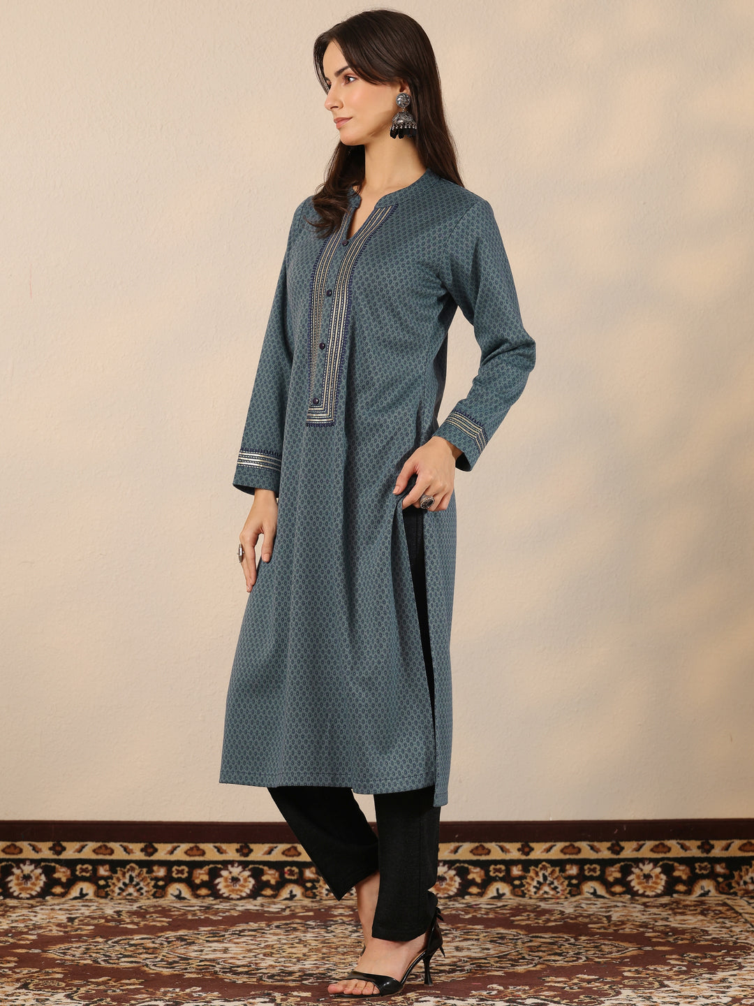 Blue Woven Design Wool Straight Kurta