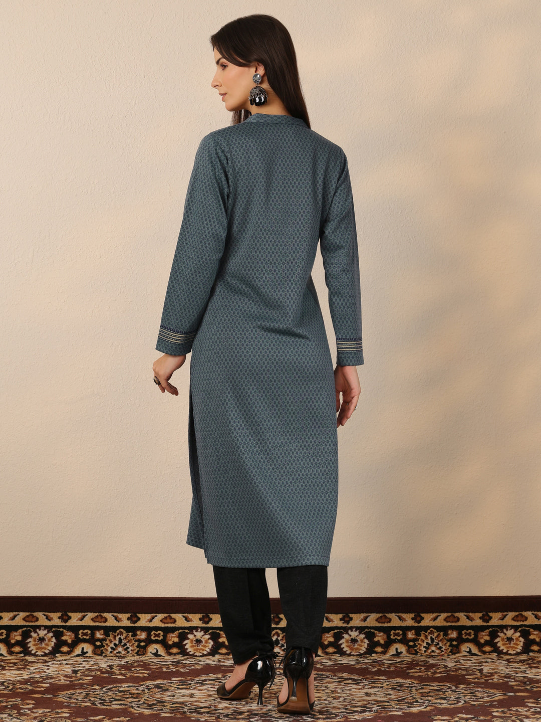 Blue Woven Design Wool Straight Kurta