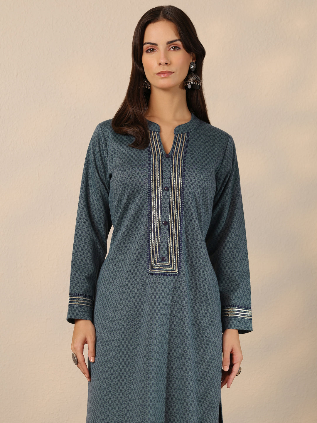 Blue Woven Design Wool Straight Kurta
