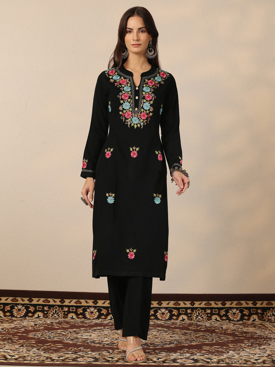 Black Embroidered Wool Straight Kurta
