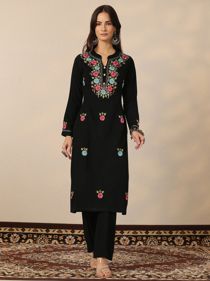Black Embroidered Wool Straight Kurta