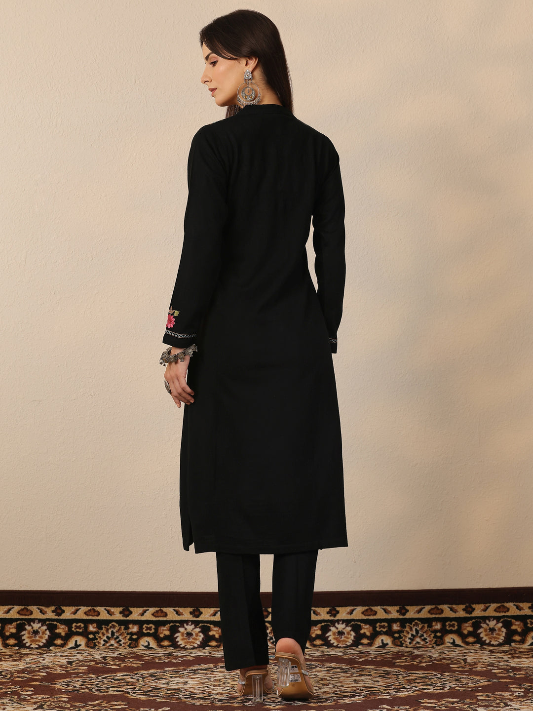 Black Embroidered Wool Straight Kurta