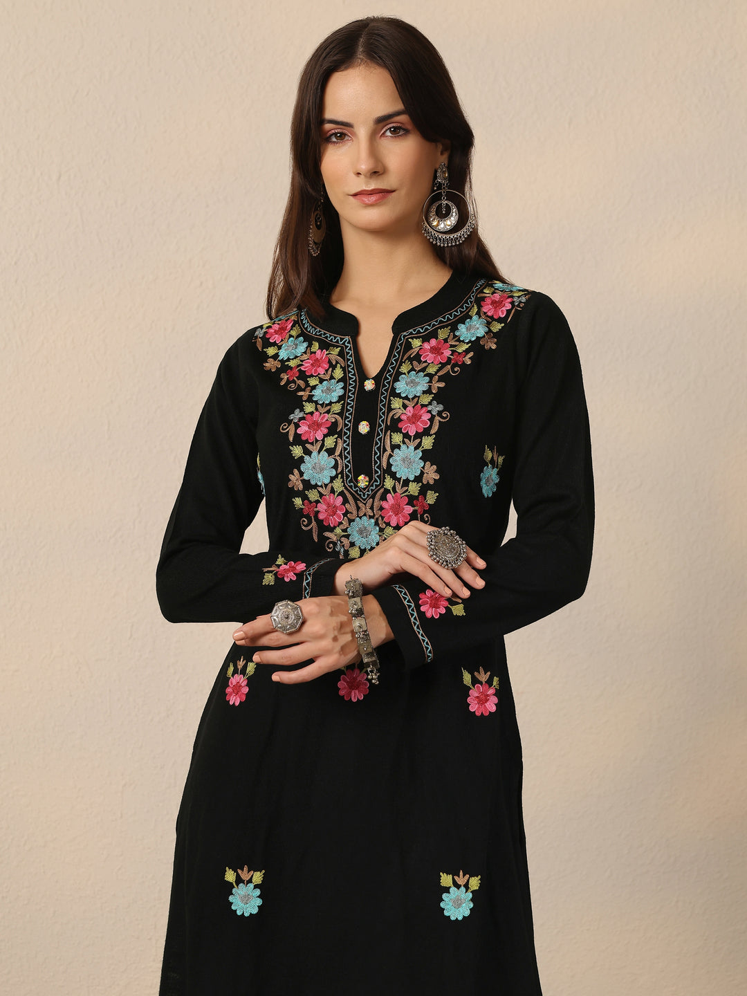 Black Embroidered Wool Straight Kurta