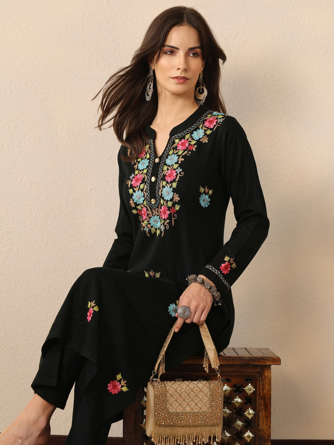 Black Embroidered Wool Straight Kurta