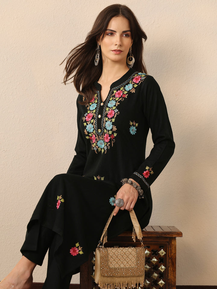 Black Embroidered Wool Straight Kurta