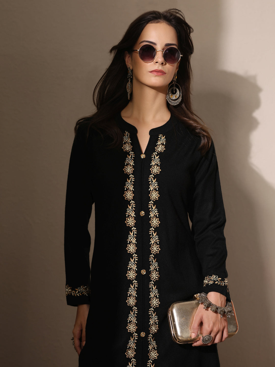 Black Embroidered Wool Straight Kurta