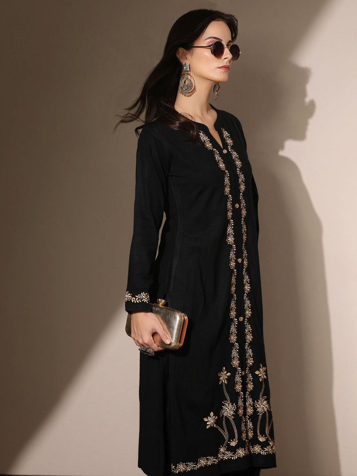 Black Embroidered Wool Straight Kurta