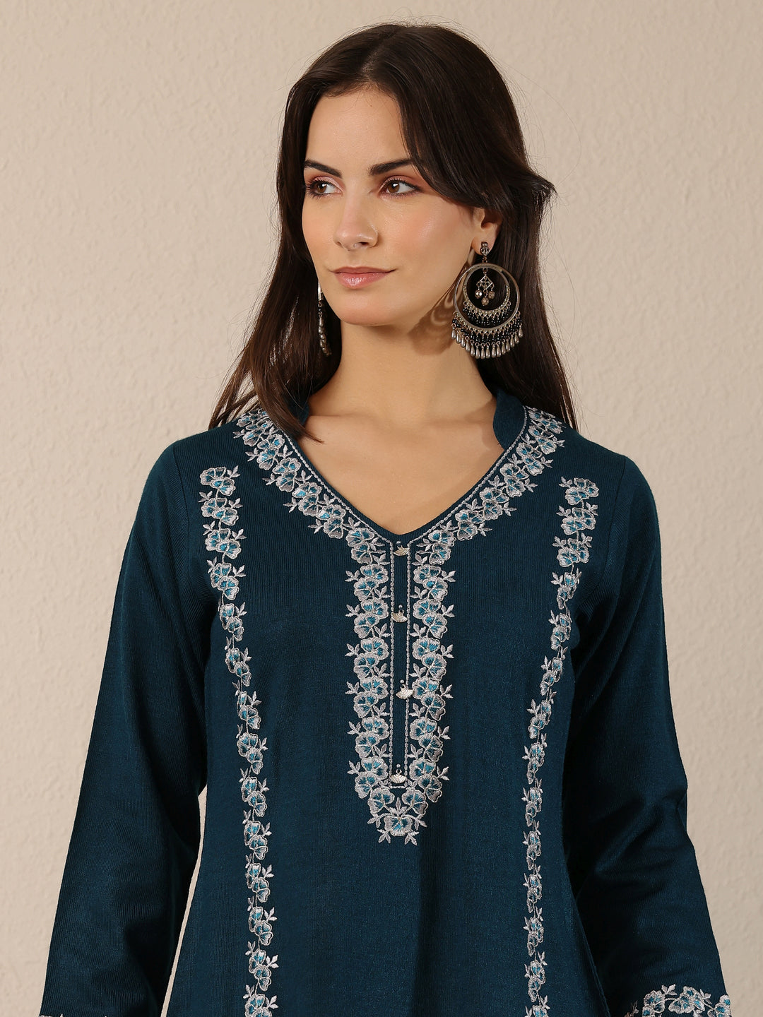 Teal Embroidered Wool Straight Kurta