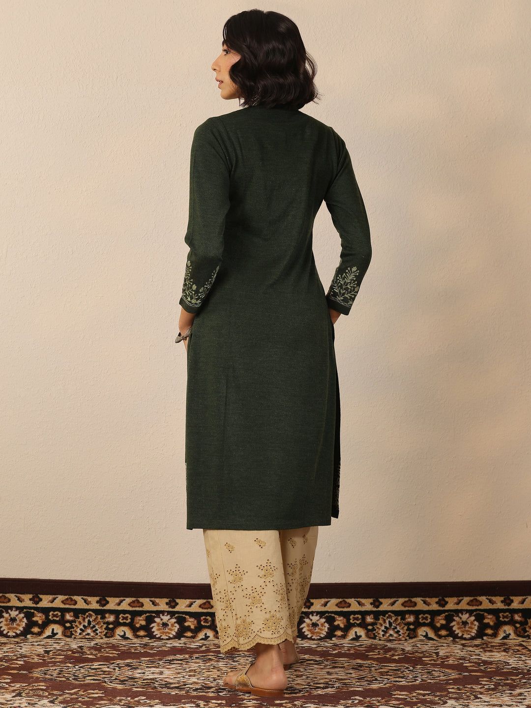 Olive Embroidered Wool Straight Kurta