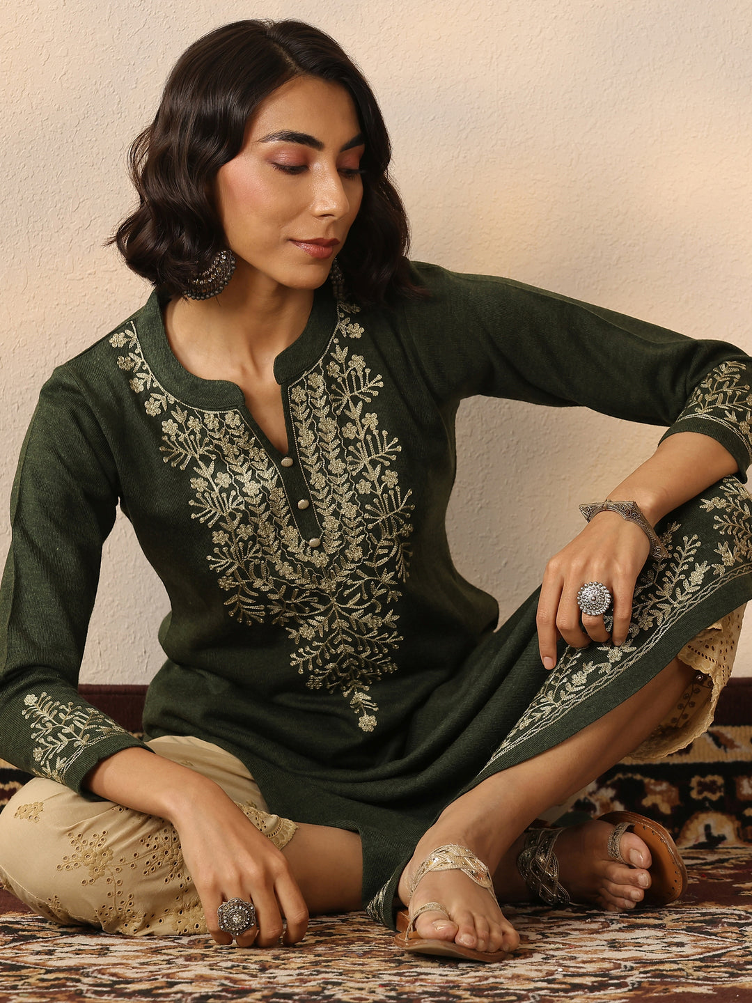 Olive Embroidered Wool Straight Kurta