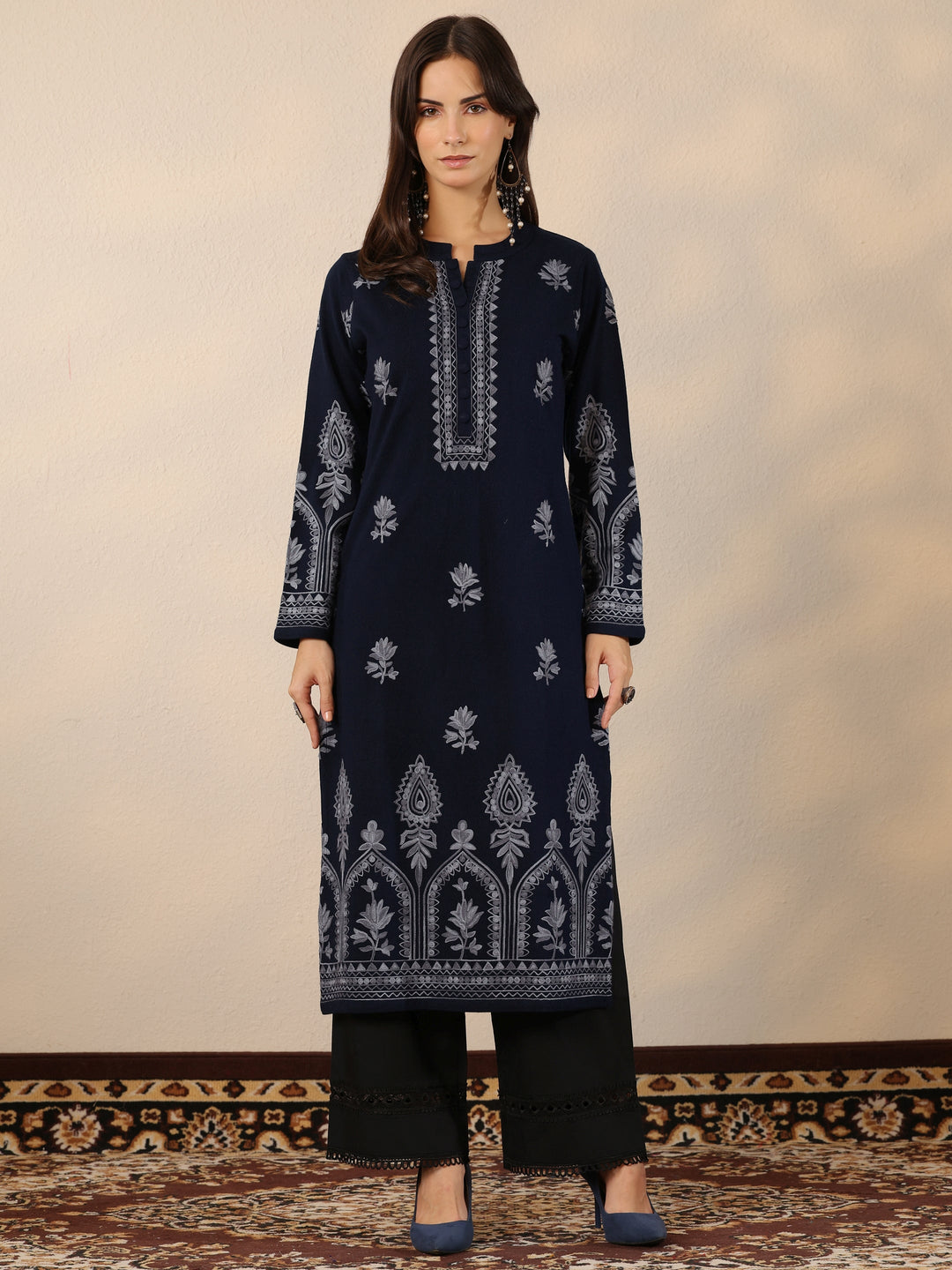 Navy Blue Embroidered Wool Straight Kurta