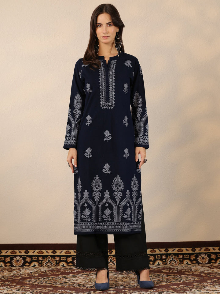 Navy Blue Embroidered Wool Straight Kurta
