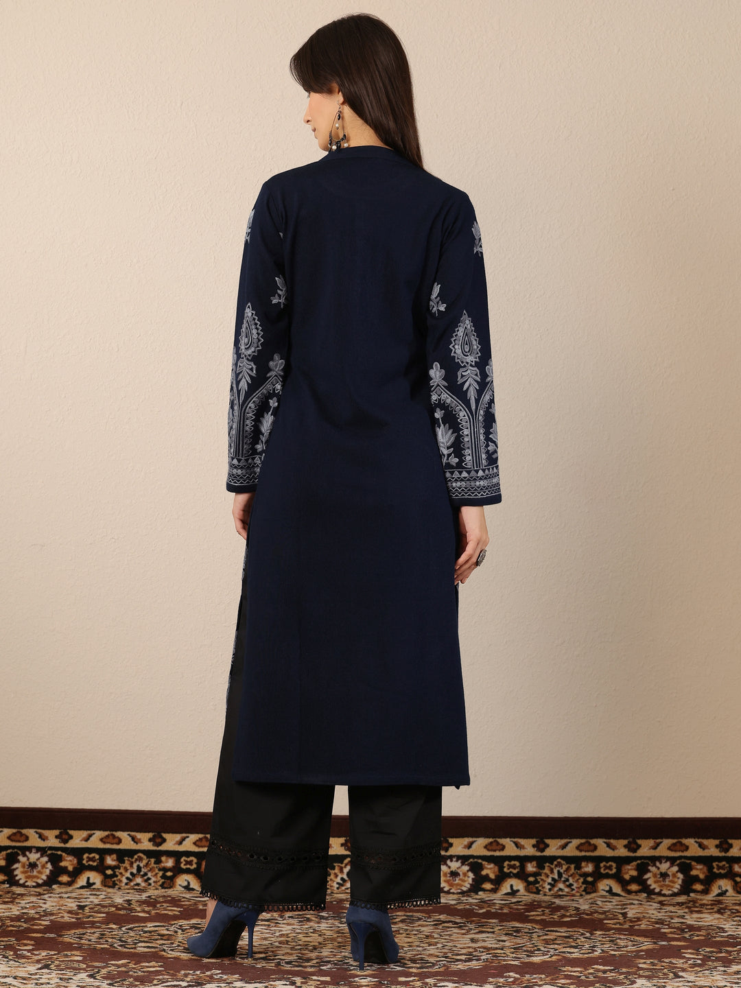 Navy Blue Embroidered Wool Straight Kurta