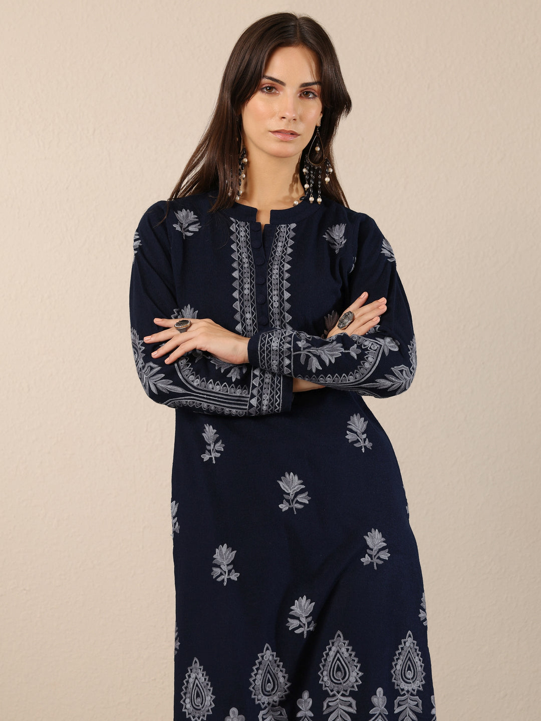 Navy Blue Embroidered Wool Straight Kurta