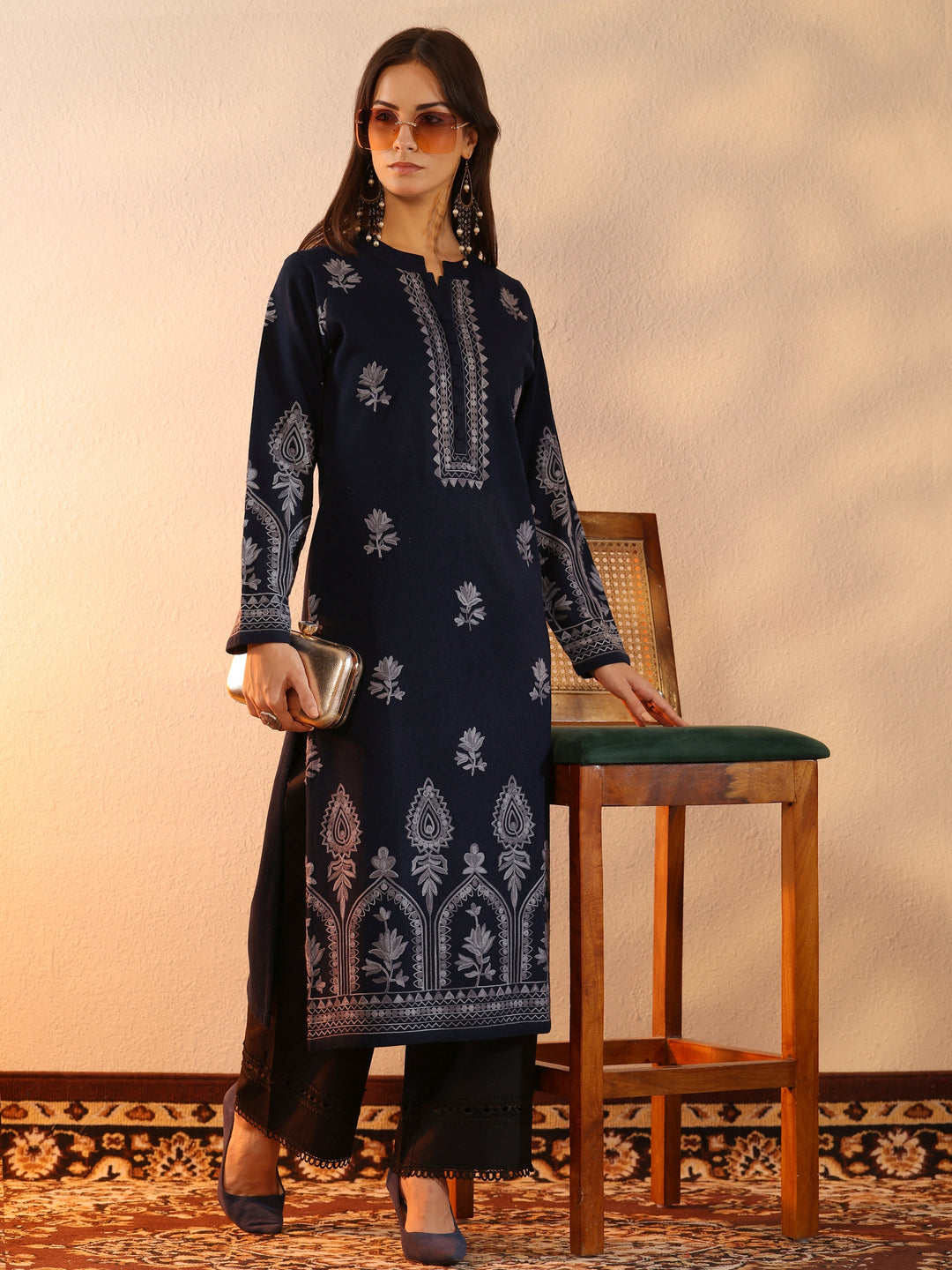 Navy Blue Embroidered Wool Straight Kurta