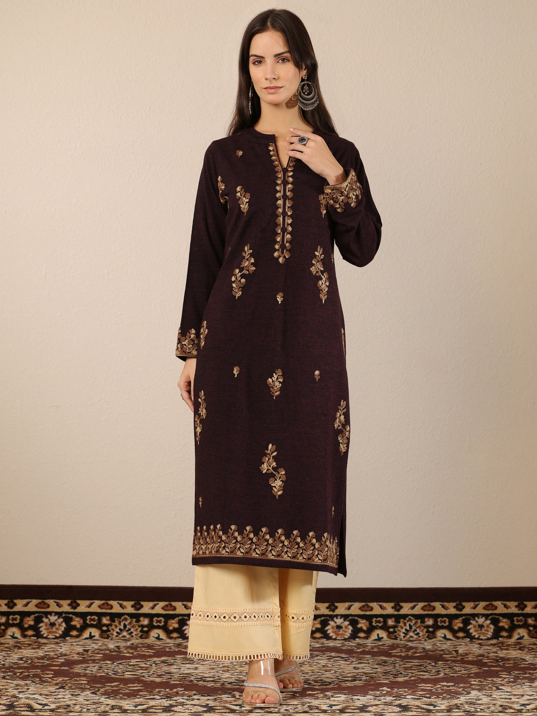Maroon Embroidered Wool Straight Kurta