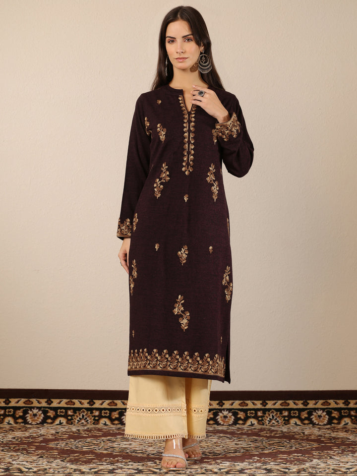 Maroon Embroidered Wool Straight Kurta