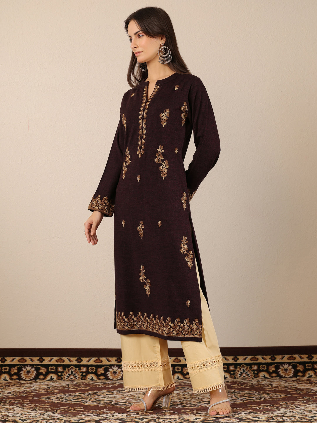 Maroon Embroidered Wool Straight Kurta