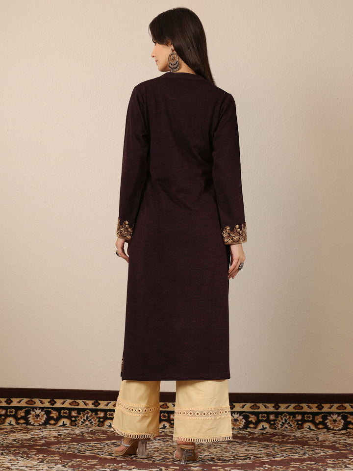 Maroon Embroidered Wool Straight Kurta