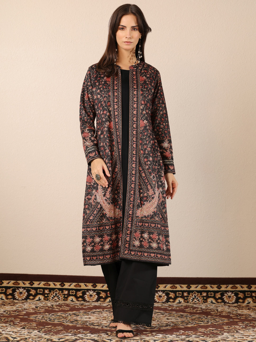 Charcoal Printed Wool Straight Kurta