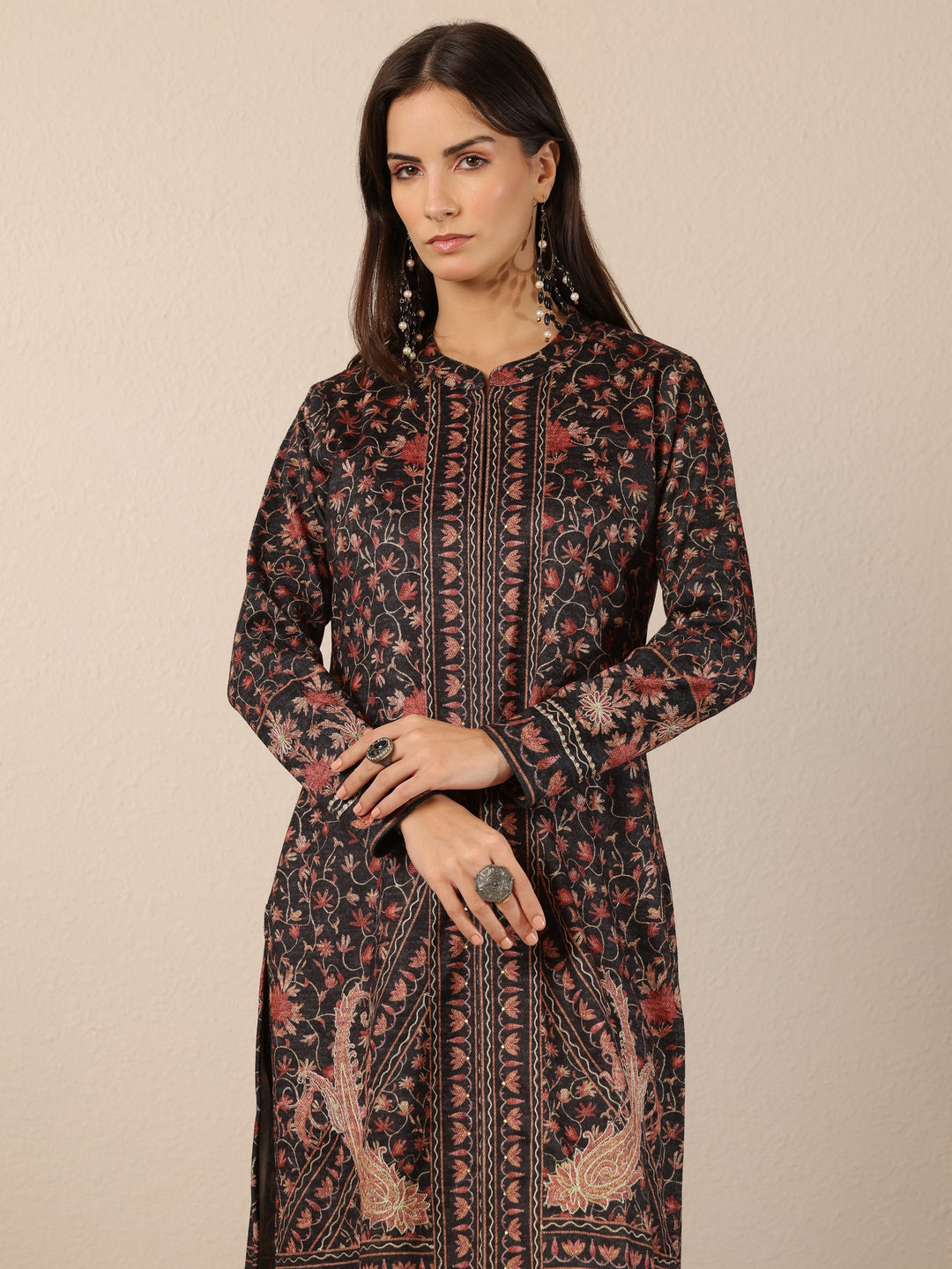 Charcoal Printed Wool Straight Kurta