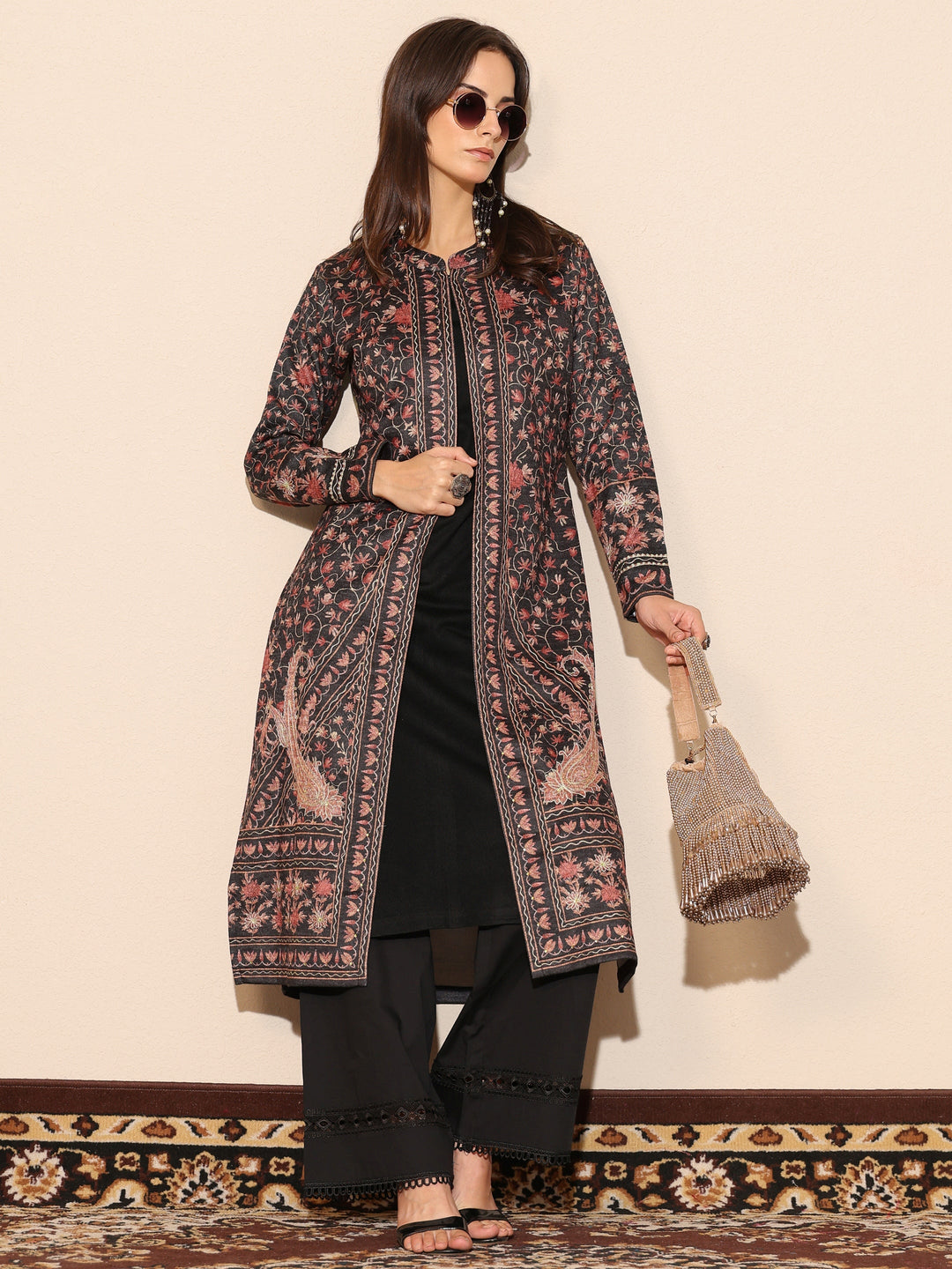 Charcoal Printed Wool Straight Kurta