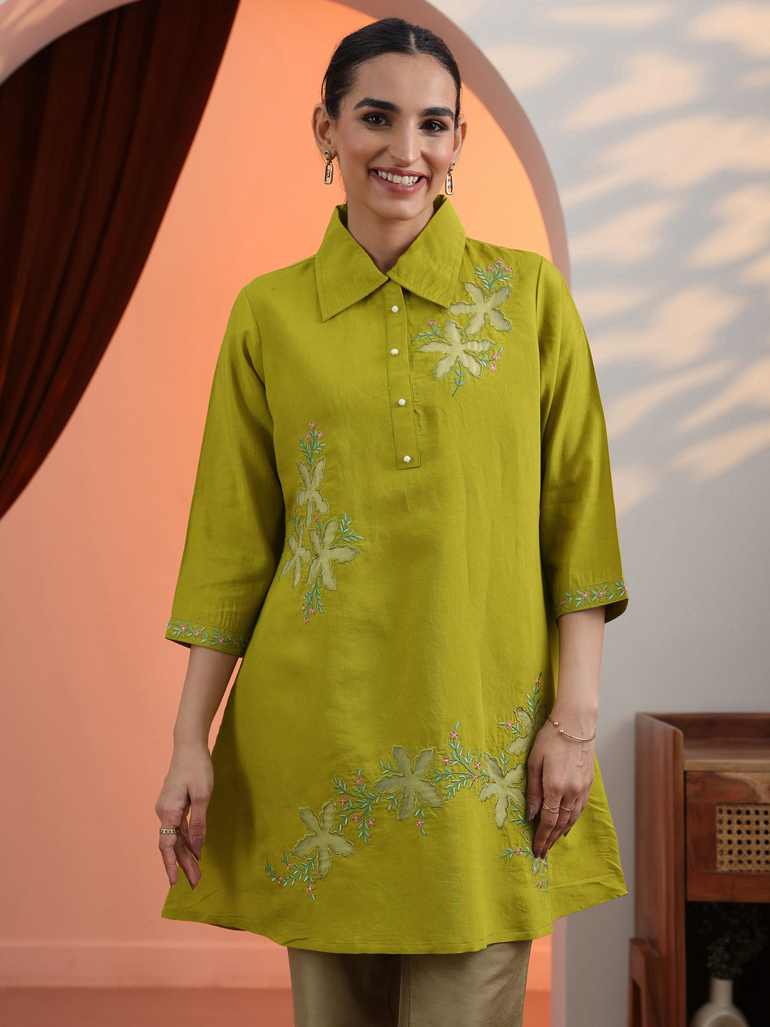 Lime Green Embroidered Silk Blend Shirt