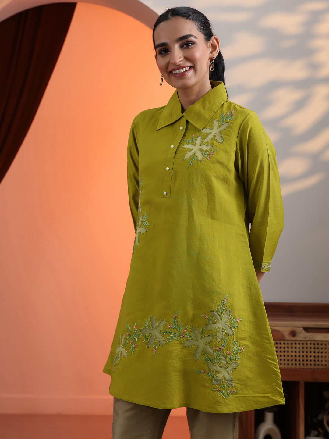 Lime Green Embroidered Silk Blend Shirt