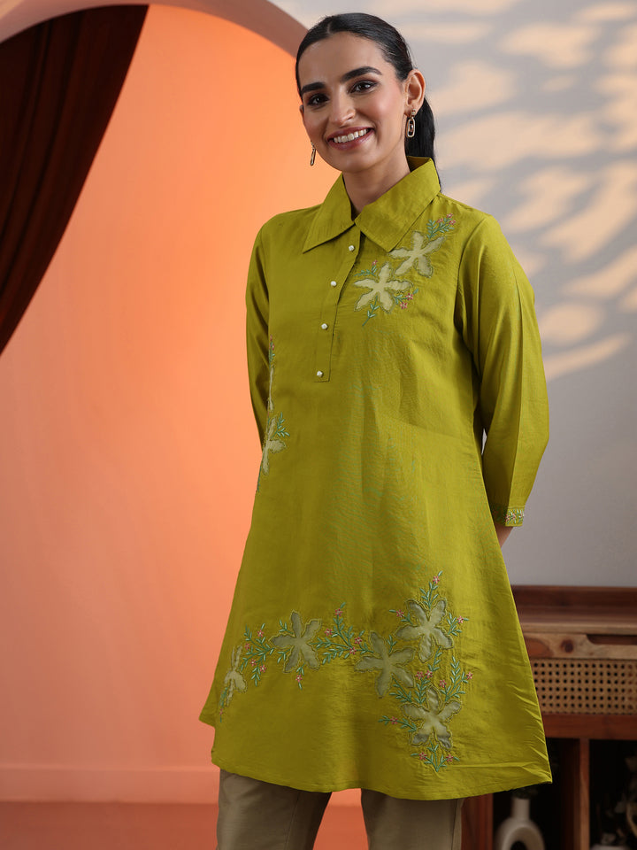 Lime Green Embroidered Silk Blend Shirt