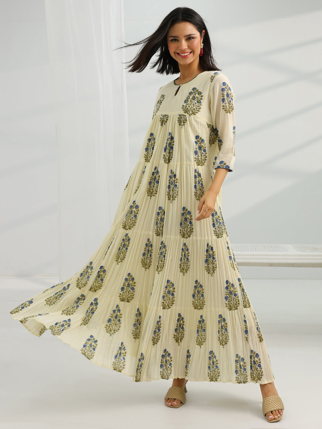 Off White Printed Cotton A-Line One Piece Dress