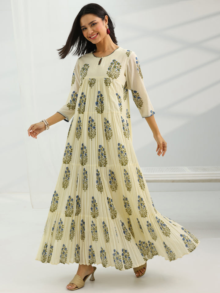 Off White Printed Cotton A-Line One Piece Dress