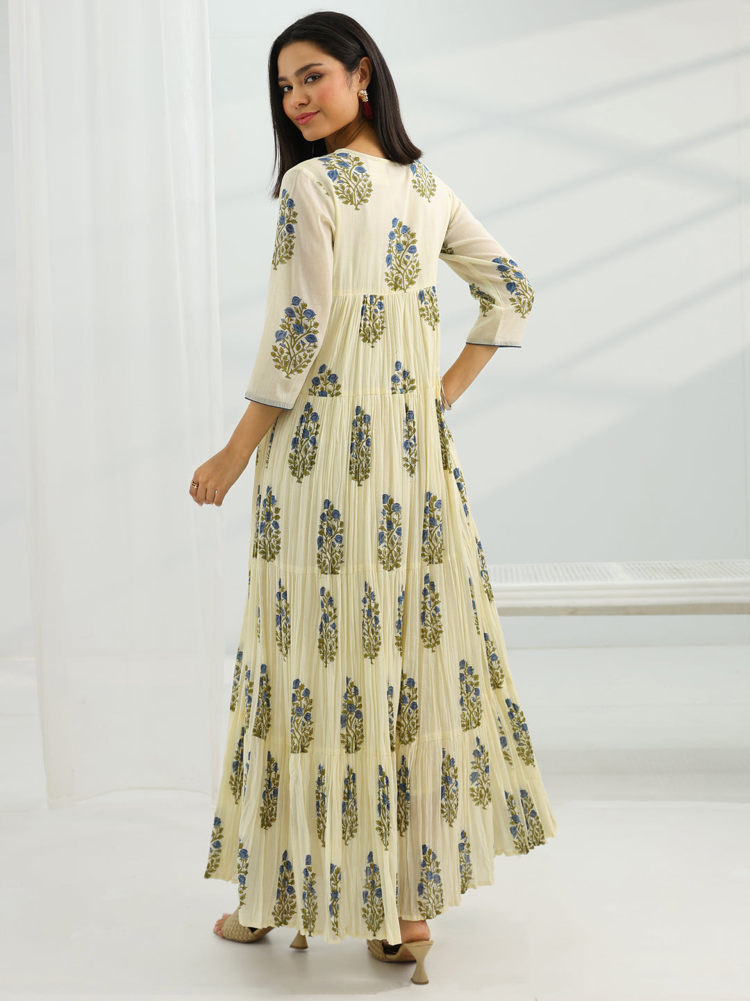 Off White Printed Cotton A-Line One Piece Dress