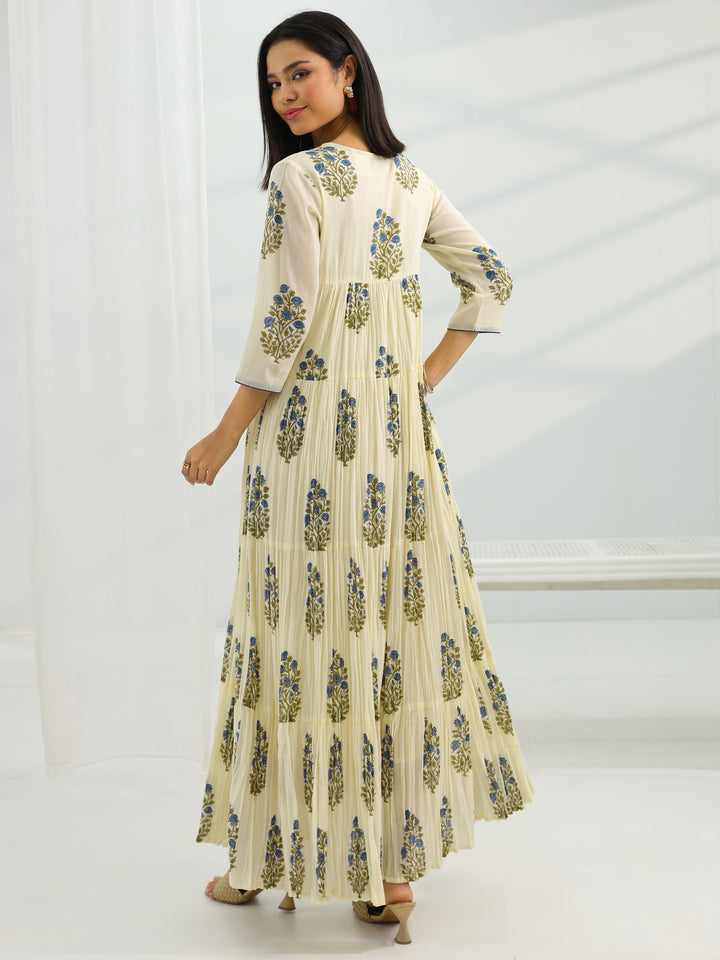 Off White Printed Cotton A-Line One Piece Dress
