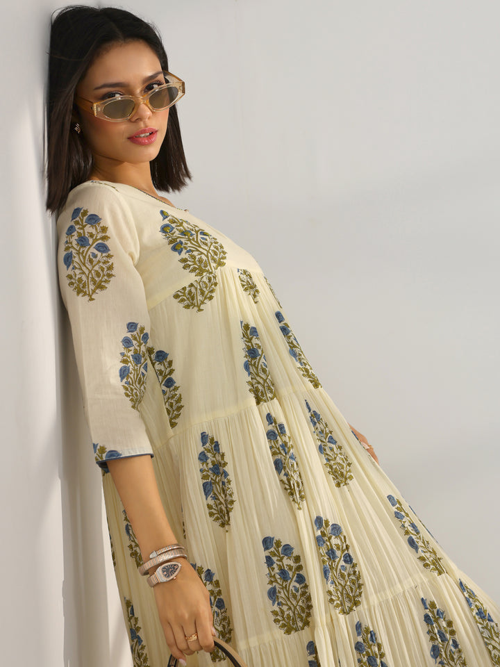 Off White Printed Cotton A-Line One Piece Dress