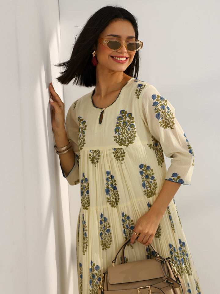 Off White Printed Cotton A-Line One Piece Dress
