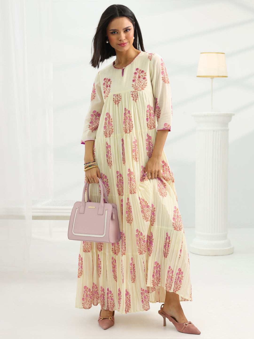 Off White Printed Cotton A-Line One Piece Dress