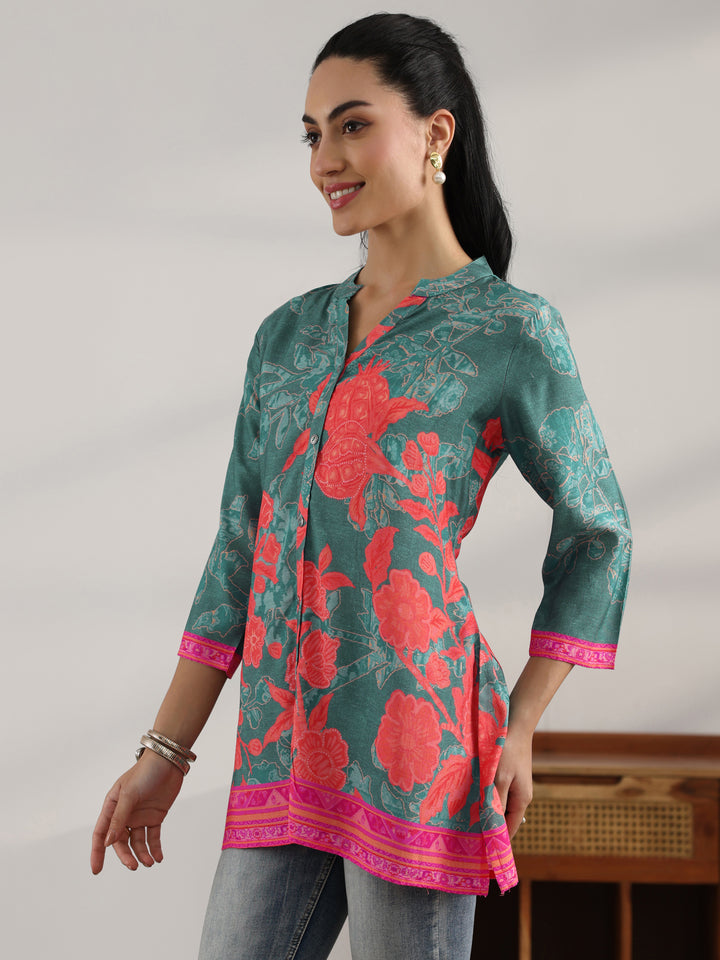 Blue Printed Muslin Straight Short Kurti