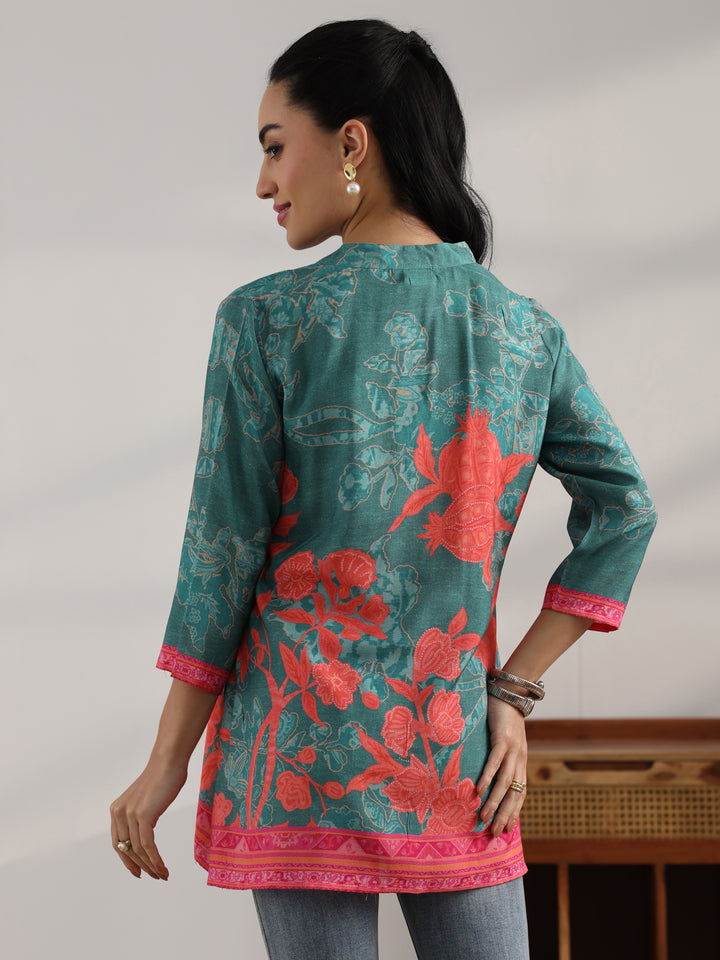 Blue Printed Muslin Straight Short Kurti