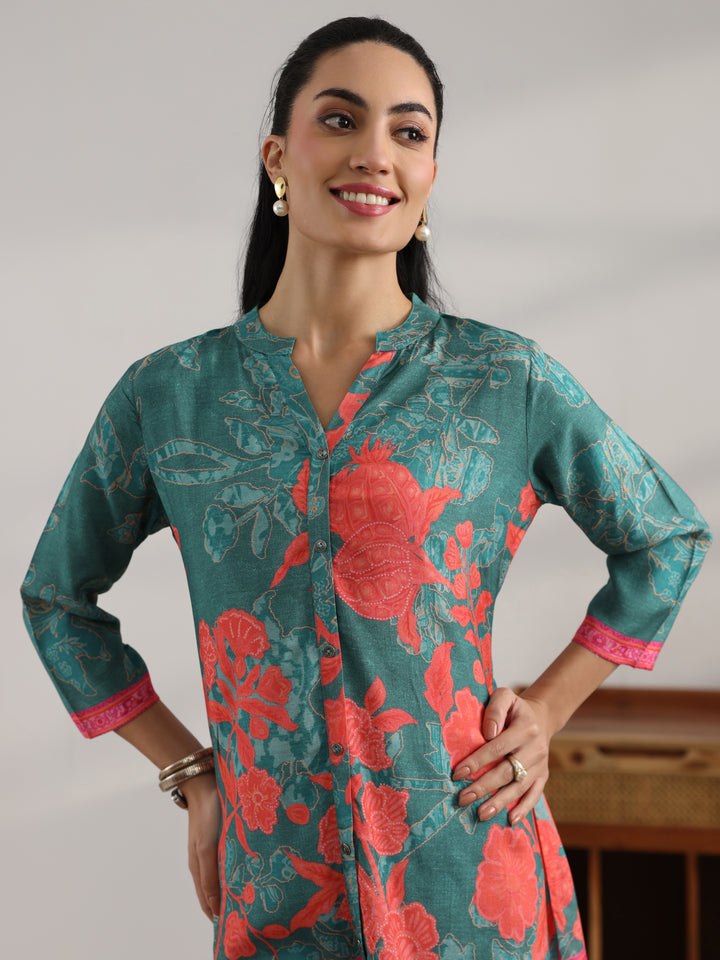Blue Printed Muslin Straight Short Kurti