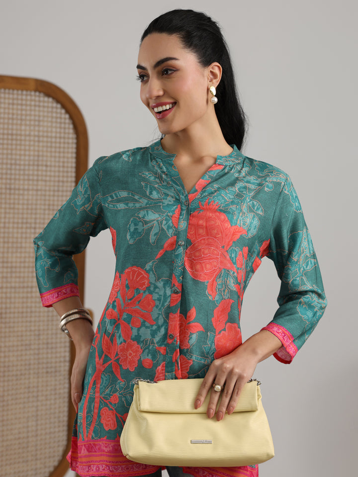 Blue Printed Muslin Straight Short Kurti