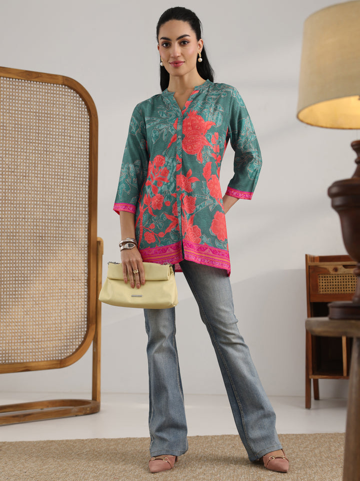 Blue Printed Muslin Straight Short Kurti