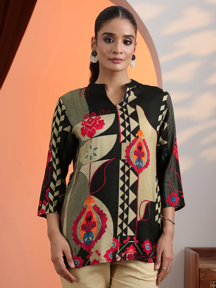 Black Printed Muslin Straight Short Kurti