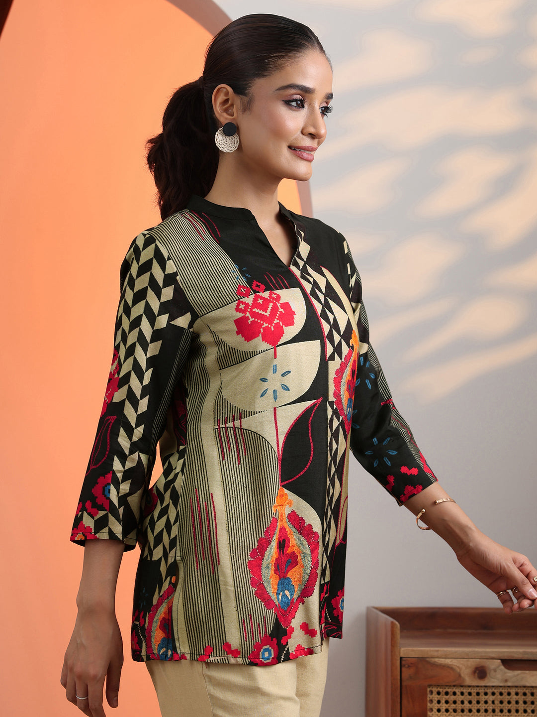Black Printed Muslin Straight Short Kurti