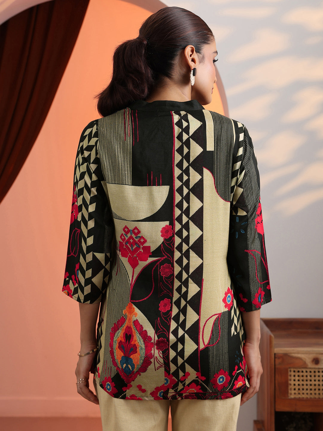 Black Printed Muslin Straight Short Kurti